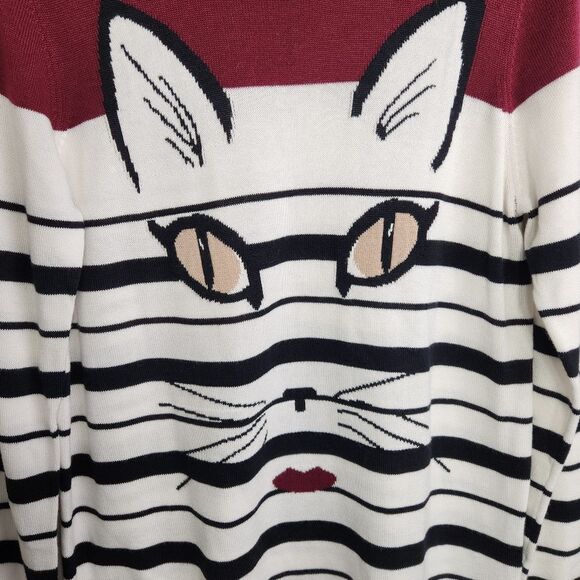 DG2 By Diane Gilman Pullover Sweater Size Med Kitty Cat Burgundy/Cream Stripe - Picture 3 of 10